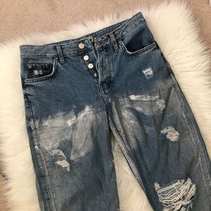 TopShop Moto Distressed Silver Sheen Cropped Ripped Button Up Jeans Sz